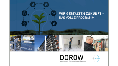 Das Bild zeigt einen Techniker, der Rohre installiert, umgeben von Symbolen für Umweltbewusstsein und erneuerbare Energien.